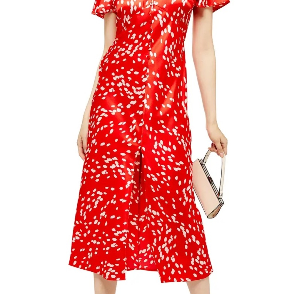 Topshop Red Silky Polka Dot Midi Dress Retro